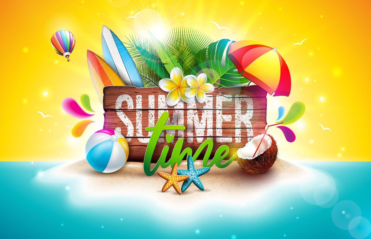 Summer Time Holiday Design with Flower, Tropical Palm Leaves and Beach Holiday Elements on Ocean Landscape Background. Vacation Illustration with Typography Letter on Vintage Wood Board for vector