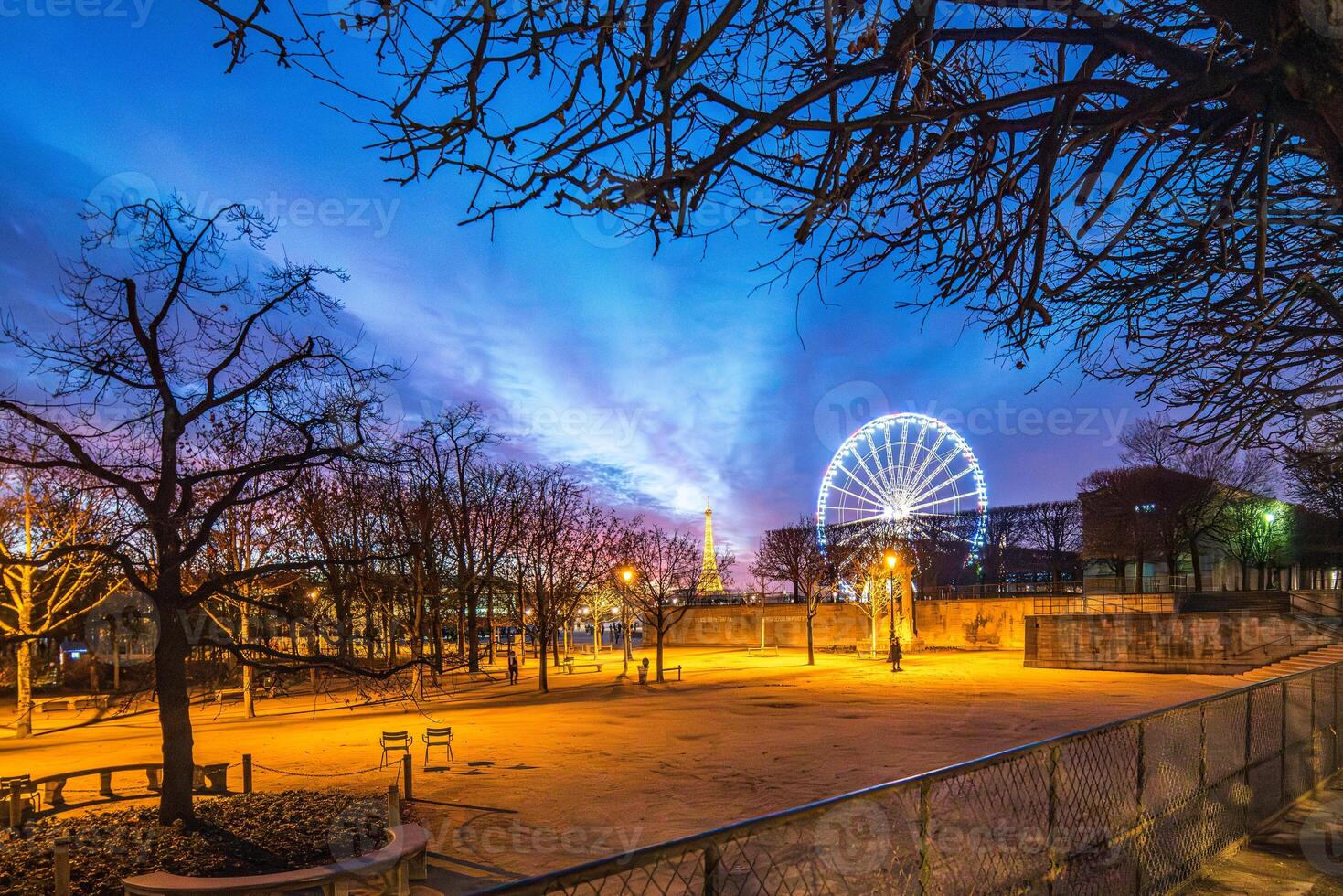 Twilight at Tuileries Gardens With Ferris Wheel and Eiffel Tower photo