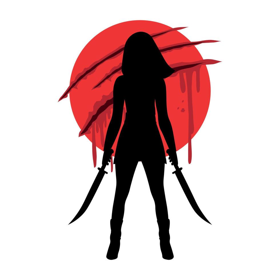 Silhouette Warrior woman with swords on a background with blood and a red sun. illustration vector