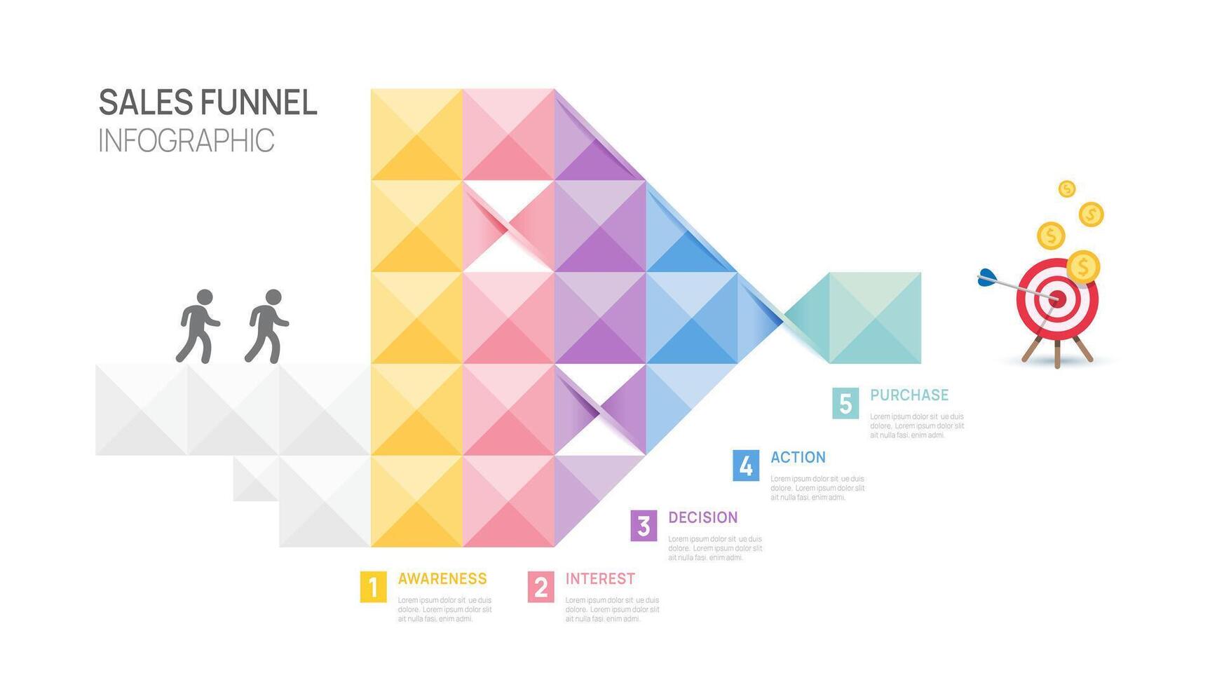 Sales funnel geometric Infographic diagram template for business, 5 steps, marketing and startup business, infographics. vector