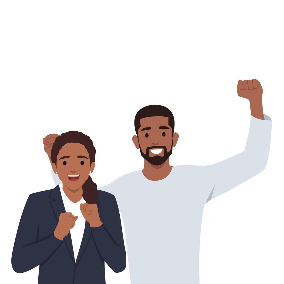 Couple doing winner gesture celebrate clench fists say yes. vector