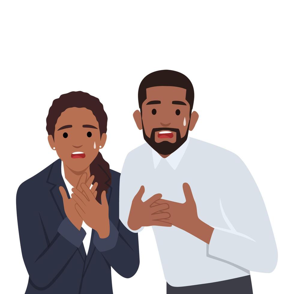 Shocked surprised amazed couple looking at camera with open mouth. vector