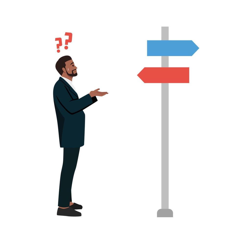 Young businessman standing at cross road confused by direction signs. vector