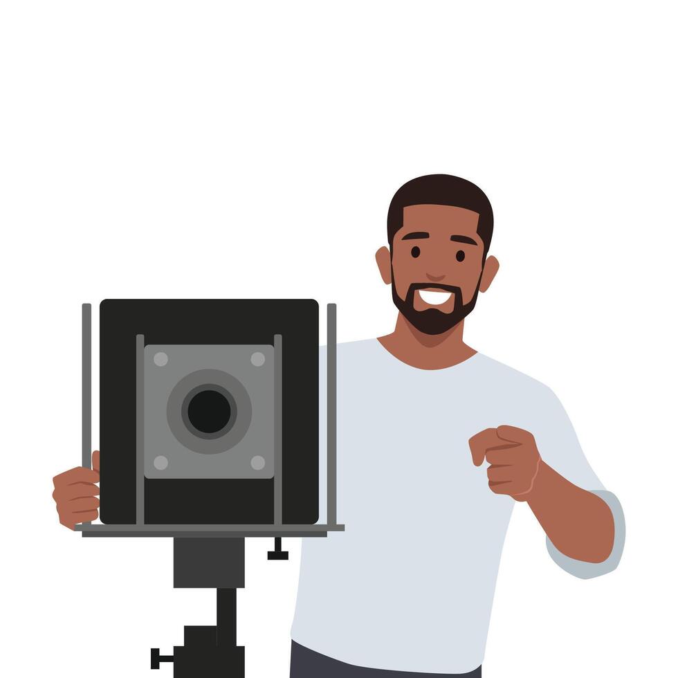 Young bearded man videographer filmmaker cinematographer dop. vector