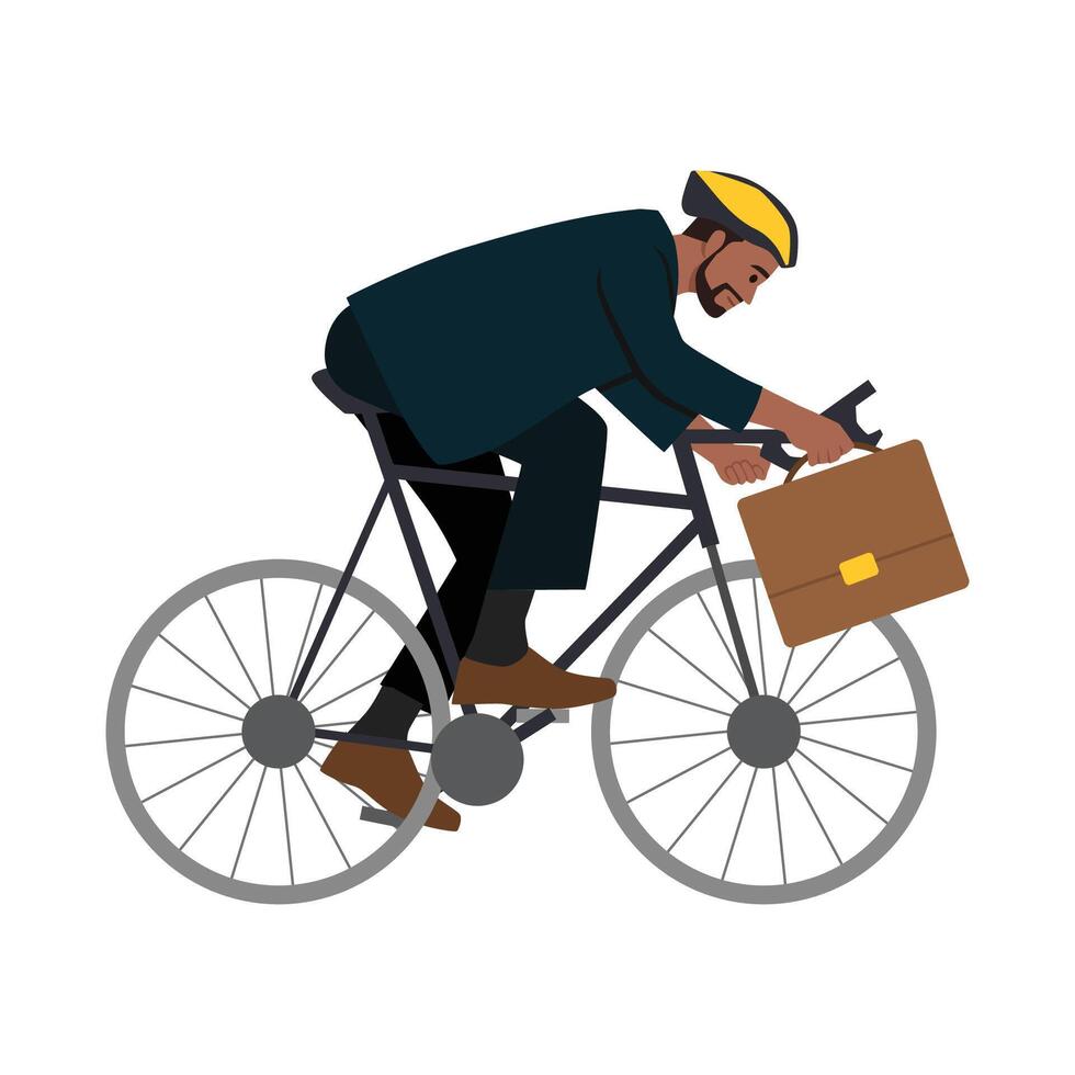 Young beardd employee with a healthy lifestyle riding an utility bicycle to a modern workplace. vector