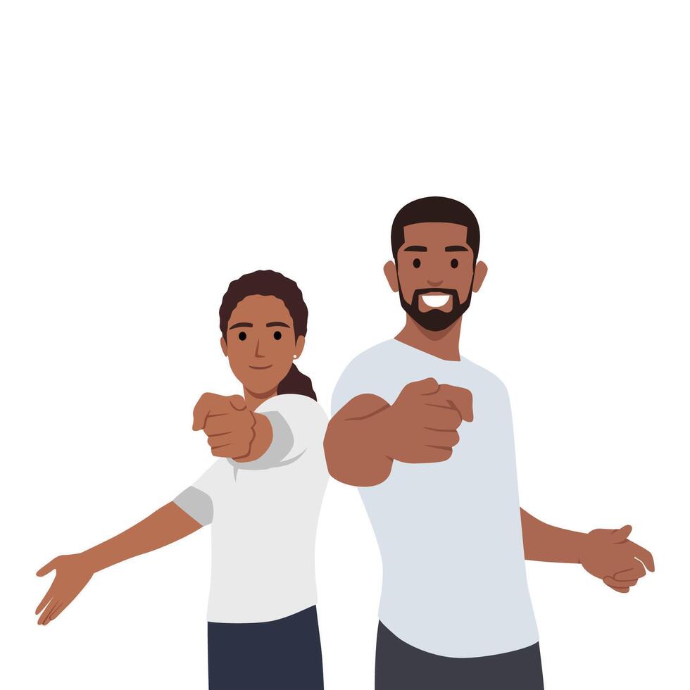 Caucasian young spouses couple pointing at camera. vector