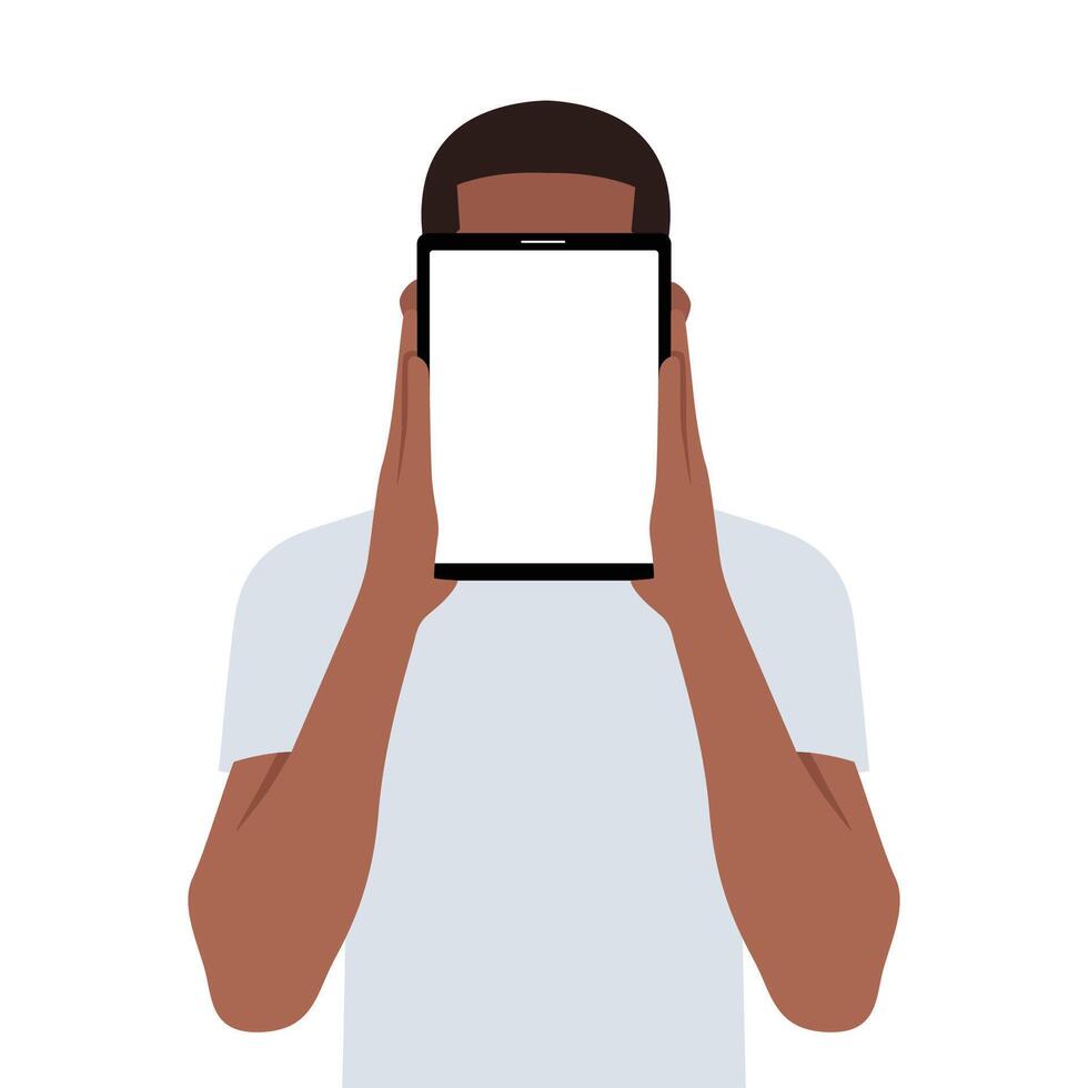Young bearded businessman holding a blank digital tablet. vector