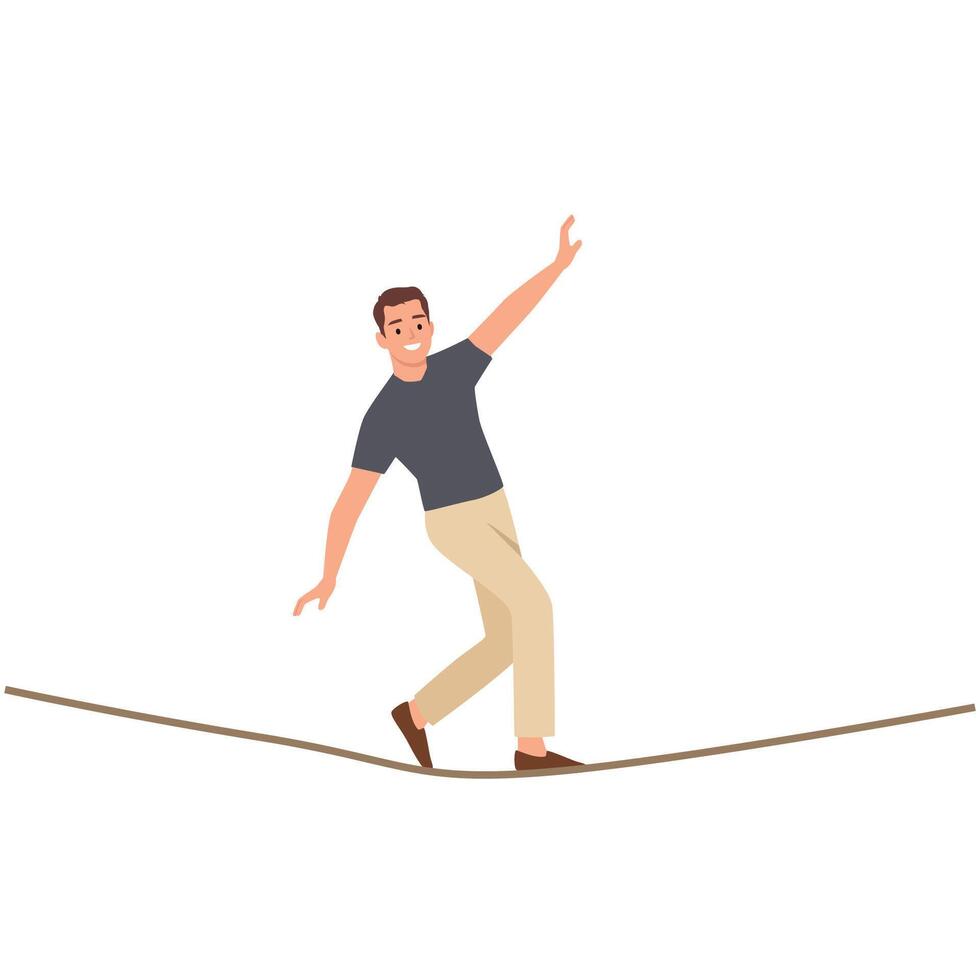 Businessman walking on balancing slackline rope. vector