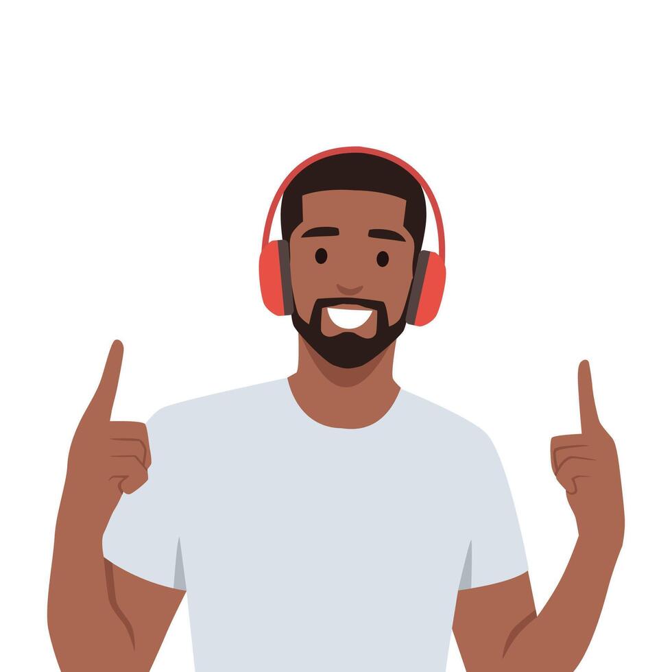 Smiling man listen to music in modern wireless headphones. vector