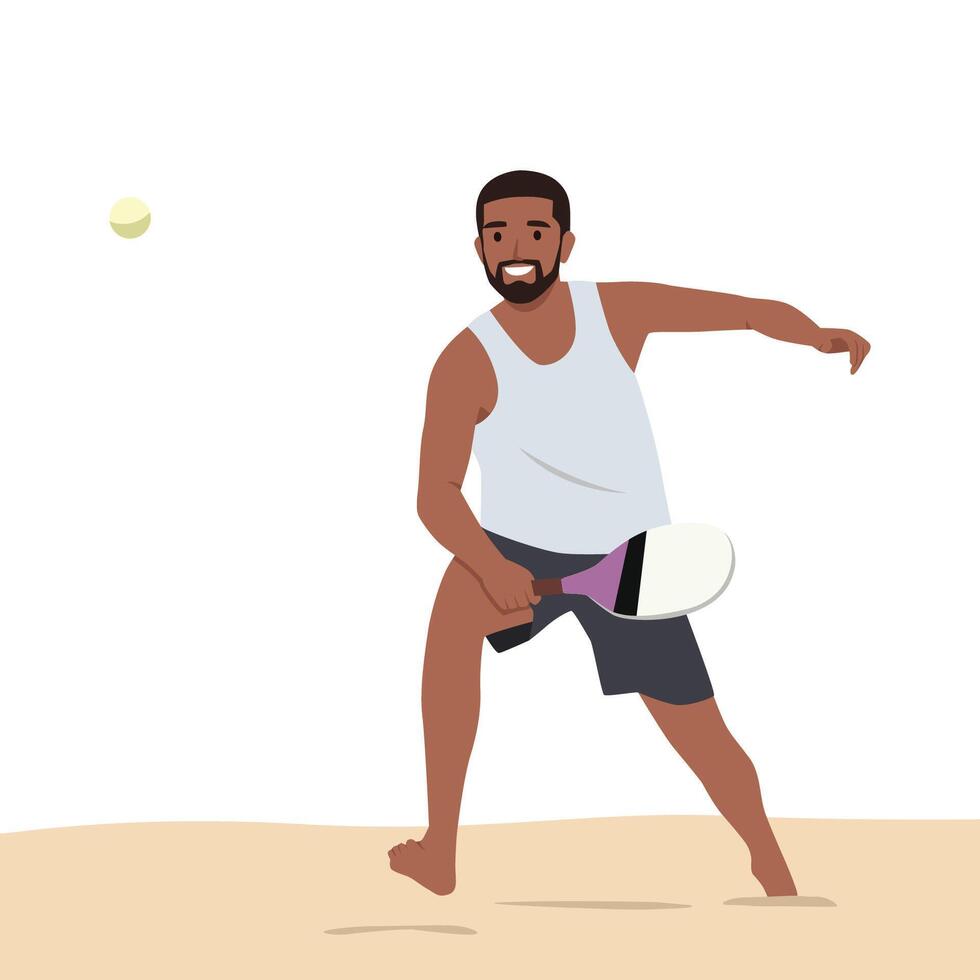 Young bearded man playing beach, paddle tennis, hitting ball with racket. vector