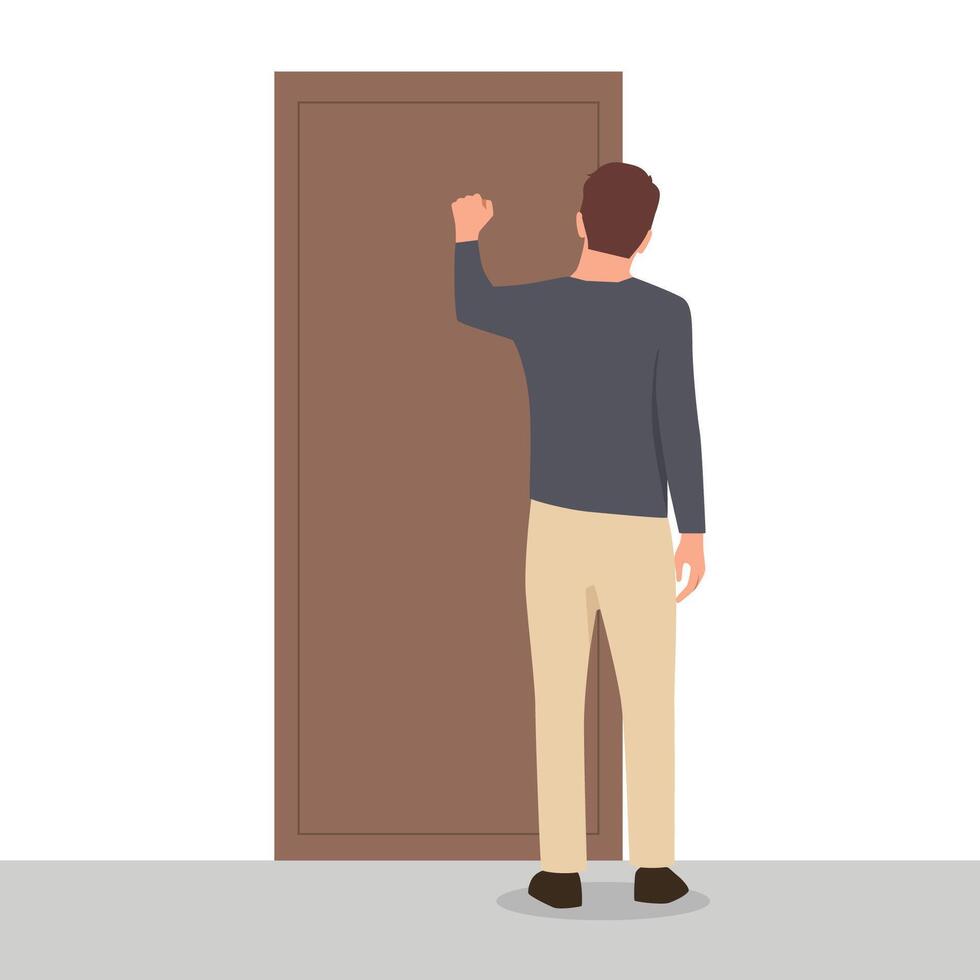 Man knocks on door when comes to visit friend or company office to get job. vector
