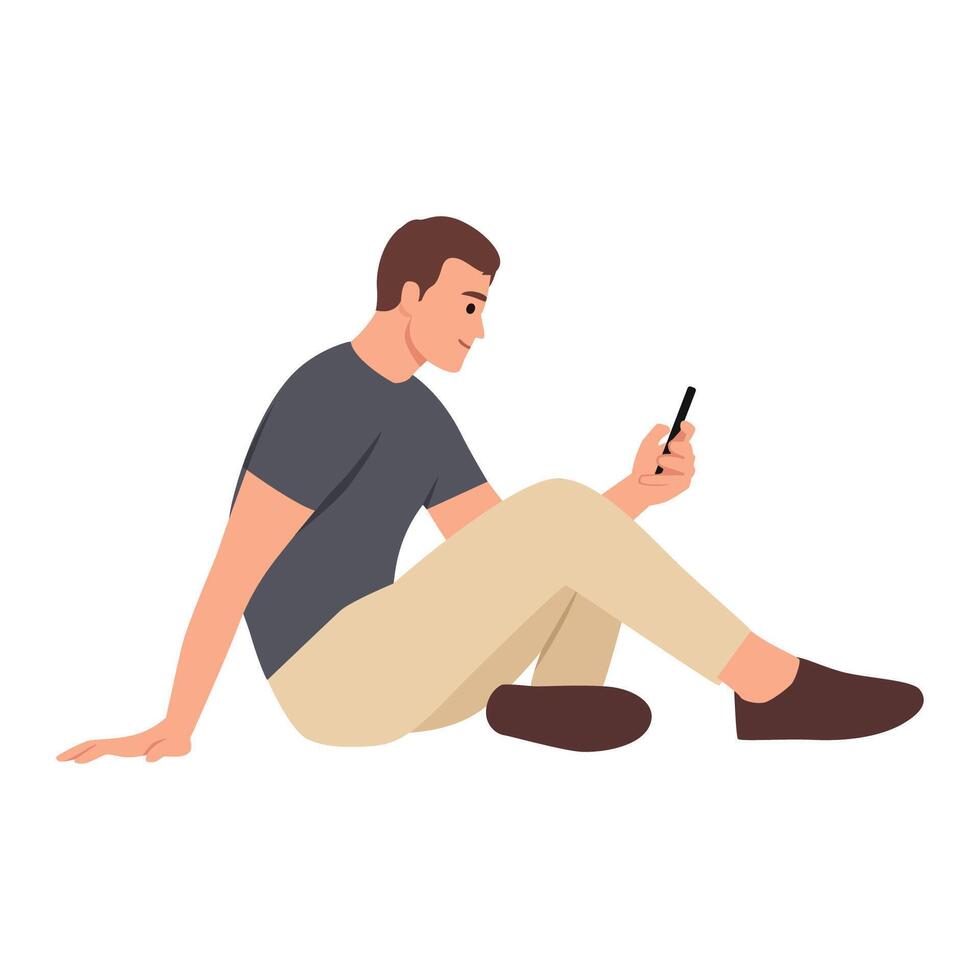 Young man sit on floor using modern smartphone. vector