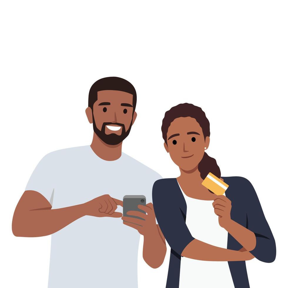 Young couple using mobile phone with credit card booking hotel or event tickets. vector