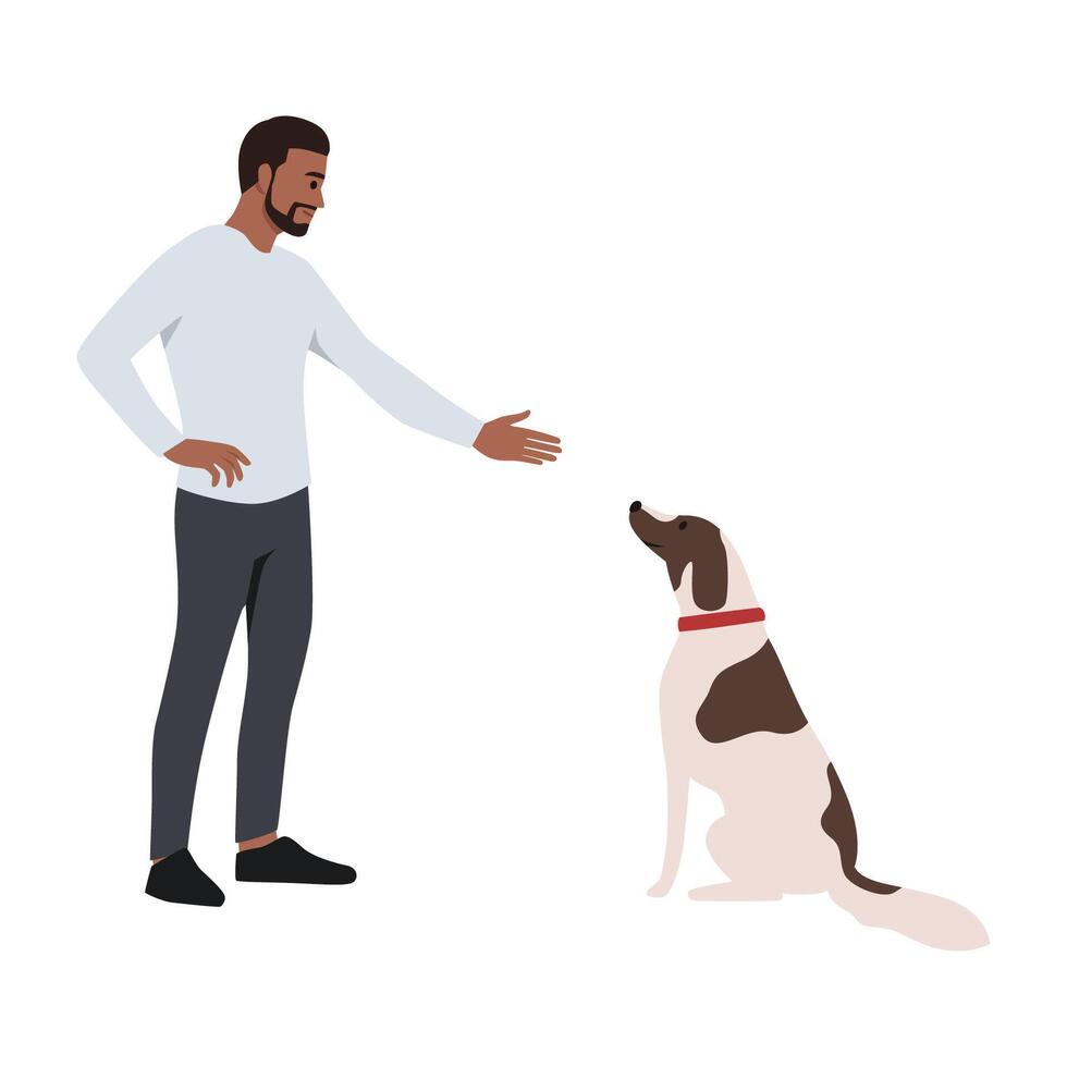 Young bearded man talking to his pretty dog. vector