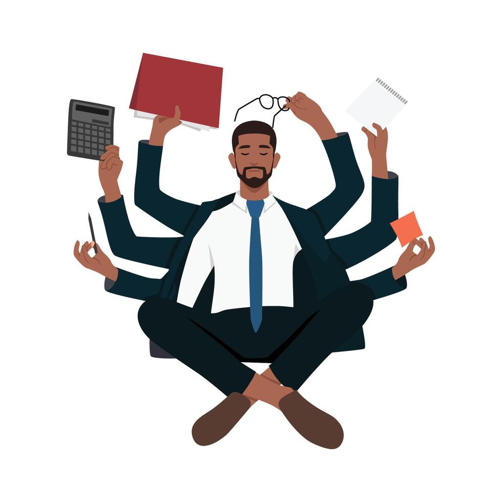Young businessman practicing mindfulness meditation multitasking. vector