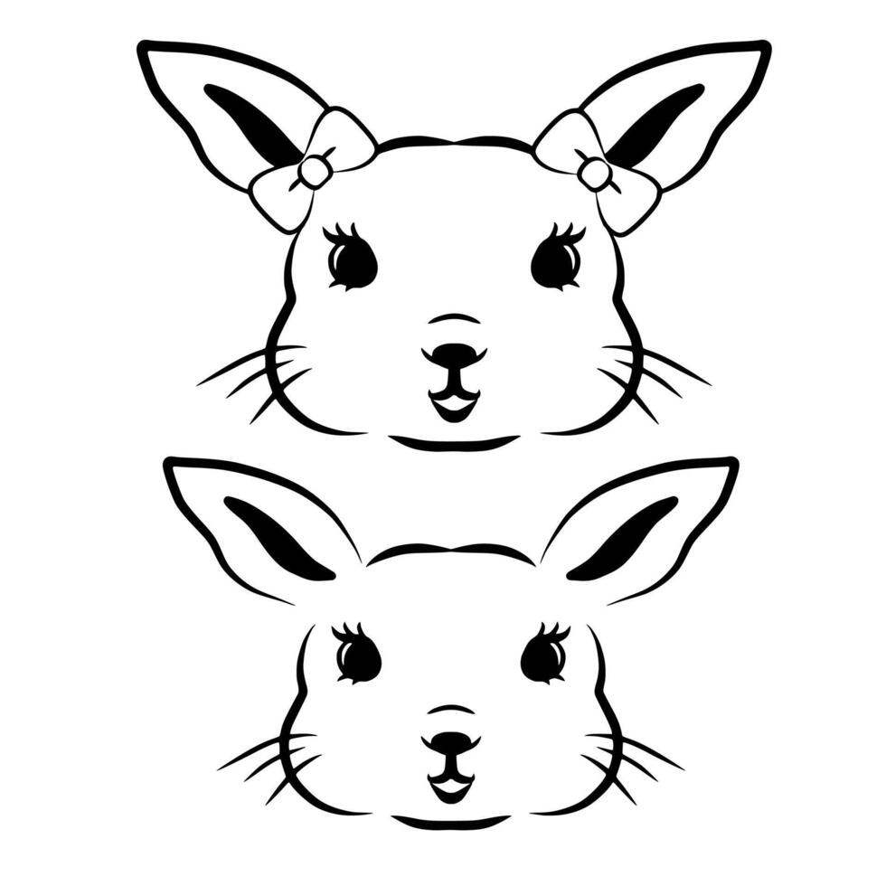 Cute rabbit bunny head with bows doodle line outline, black silhouettes isolated on white background vector