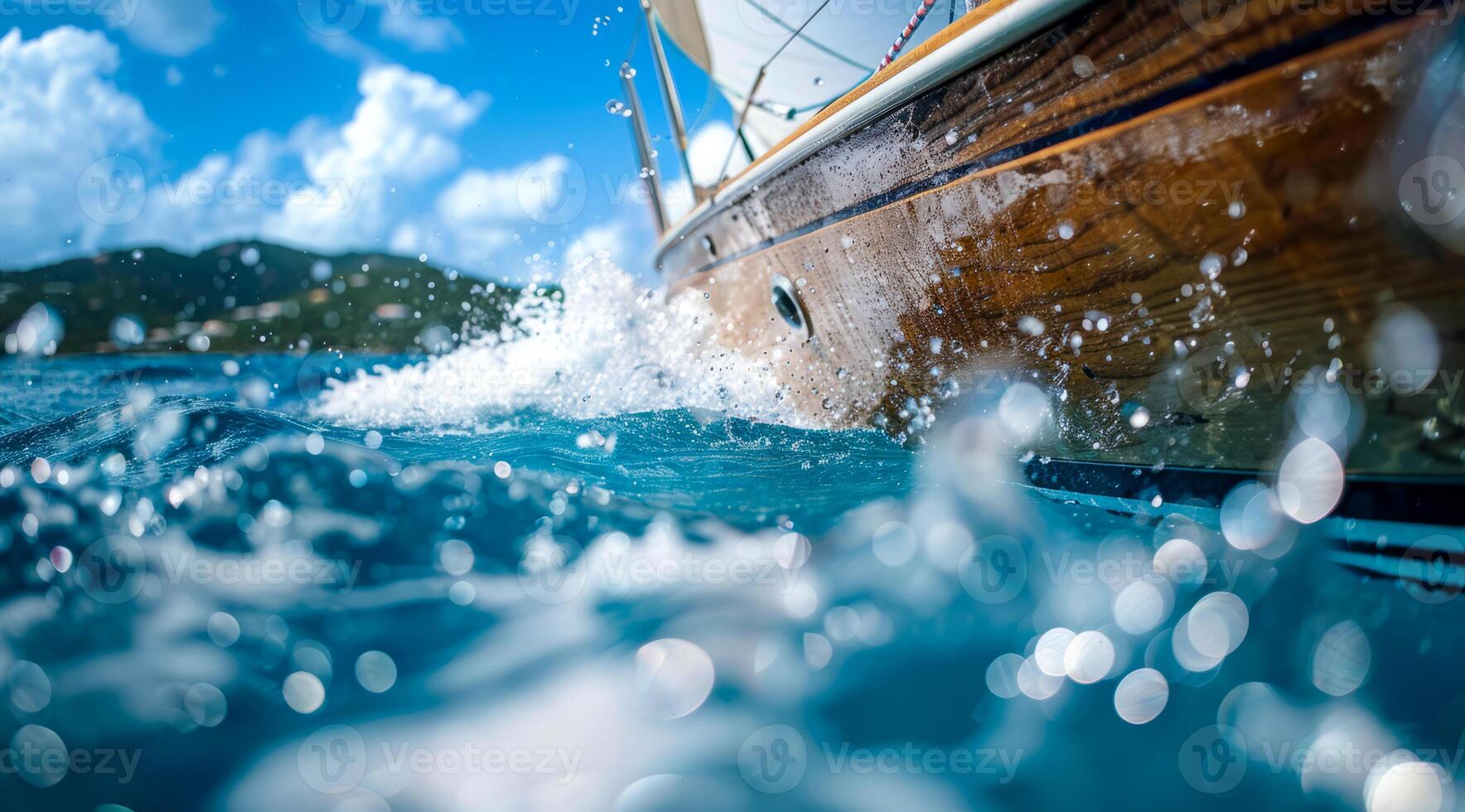 Close up low angle view of sailboat yacht in the ocean with a splash of water photo