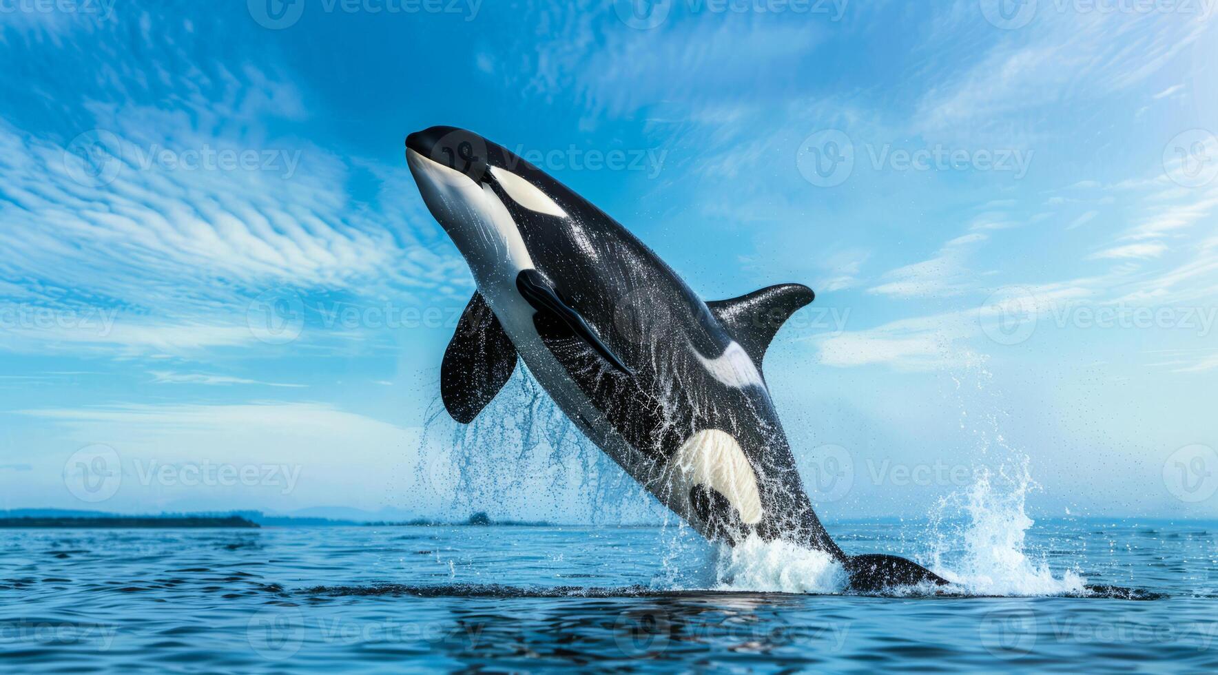 A large orca whale is leaping out of the water. Concept of animal conservation and grace photo