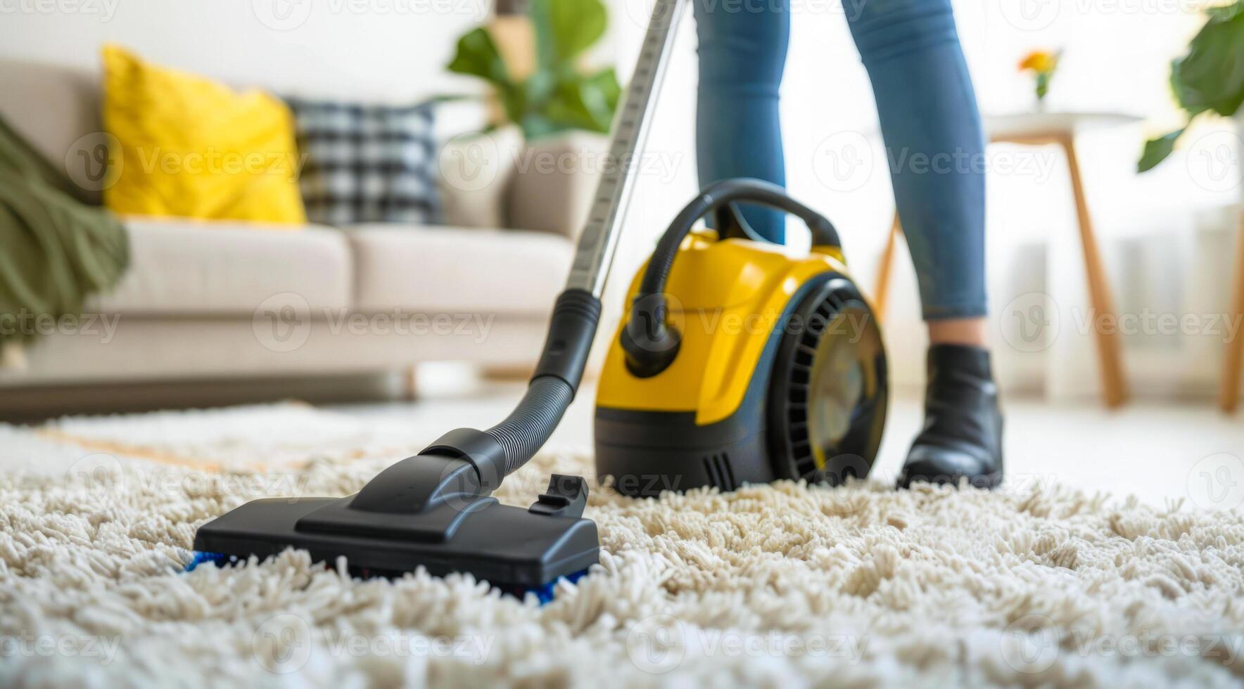 A woman is vacuuming a carpet in a living room. Apartment cleaning service photo