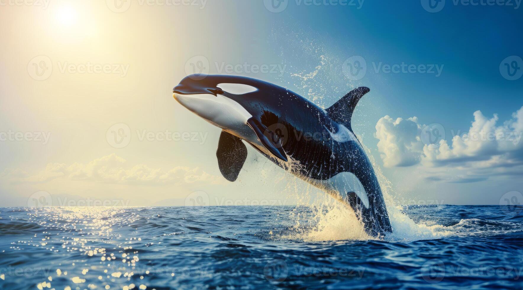 A large orca whale is leaping out of the water. Concept of animal conservation and grace photo