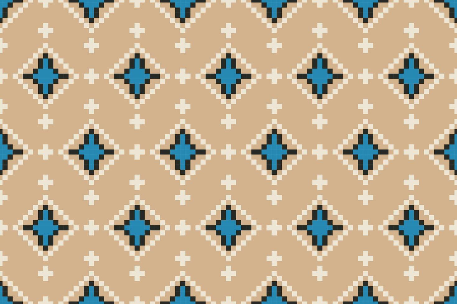 Pixel art fabric pattern, ethnic oriental geometric embroidery, traditional aztec abstract background, design for surface, fabric, clothing, wrap and sarong. vector