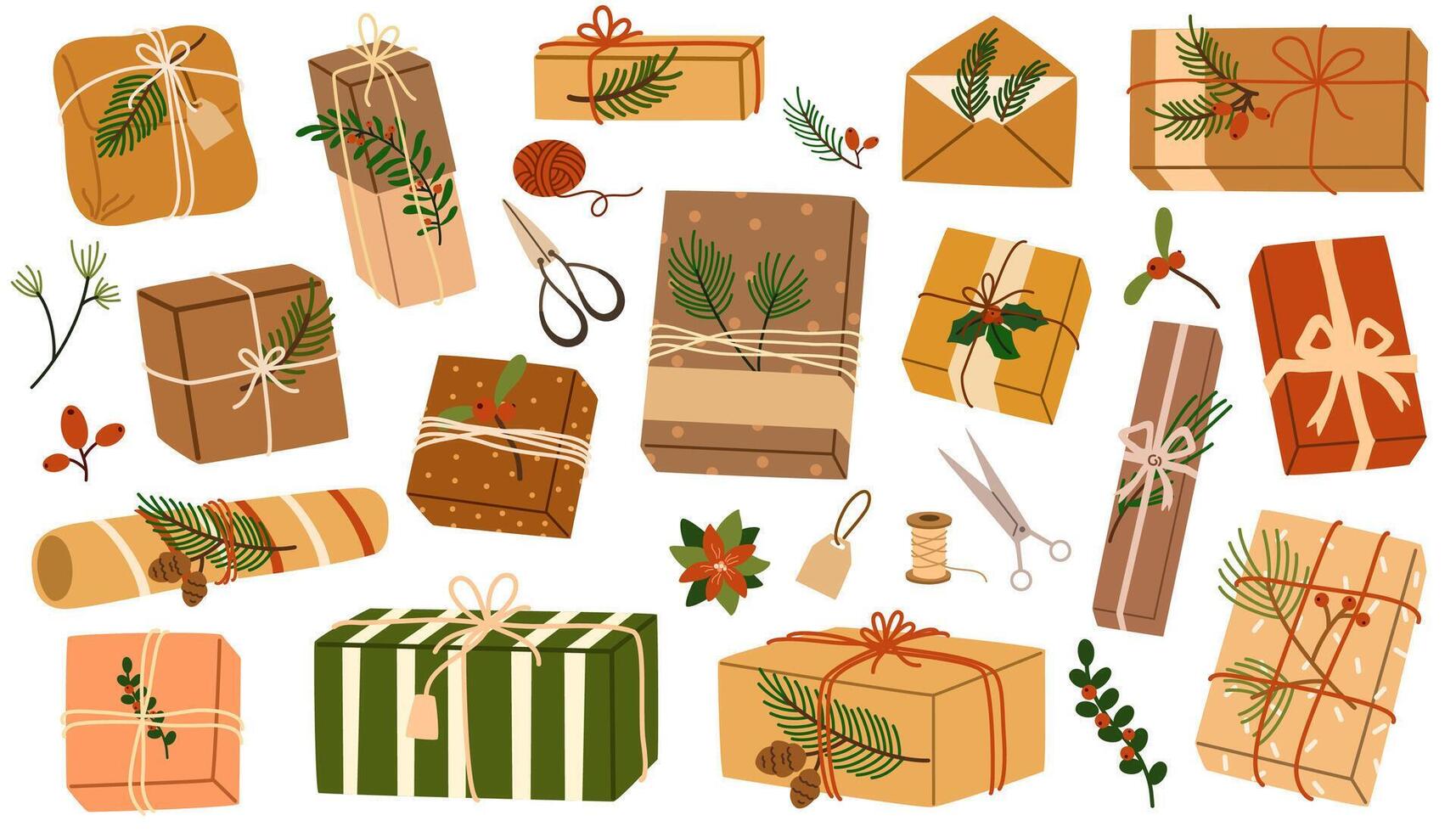 Christmas gifts in kraft paper set. DIY rustic present boxes in craft wrappings with twine bows and branches, Xmas wreaths, envelopes. Colored flat illustrations isolated on white background vector