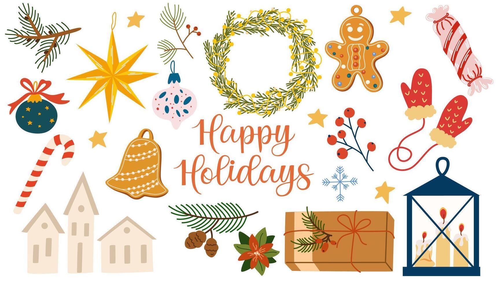 Christmas festive flat decorations set. Winter season stickers isolated on white background. New Year and Xmas traditional decor bundle. Fir tree baubles, gingerbread cookies design elements. vector