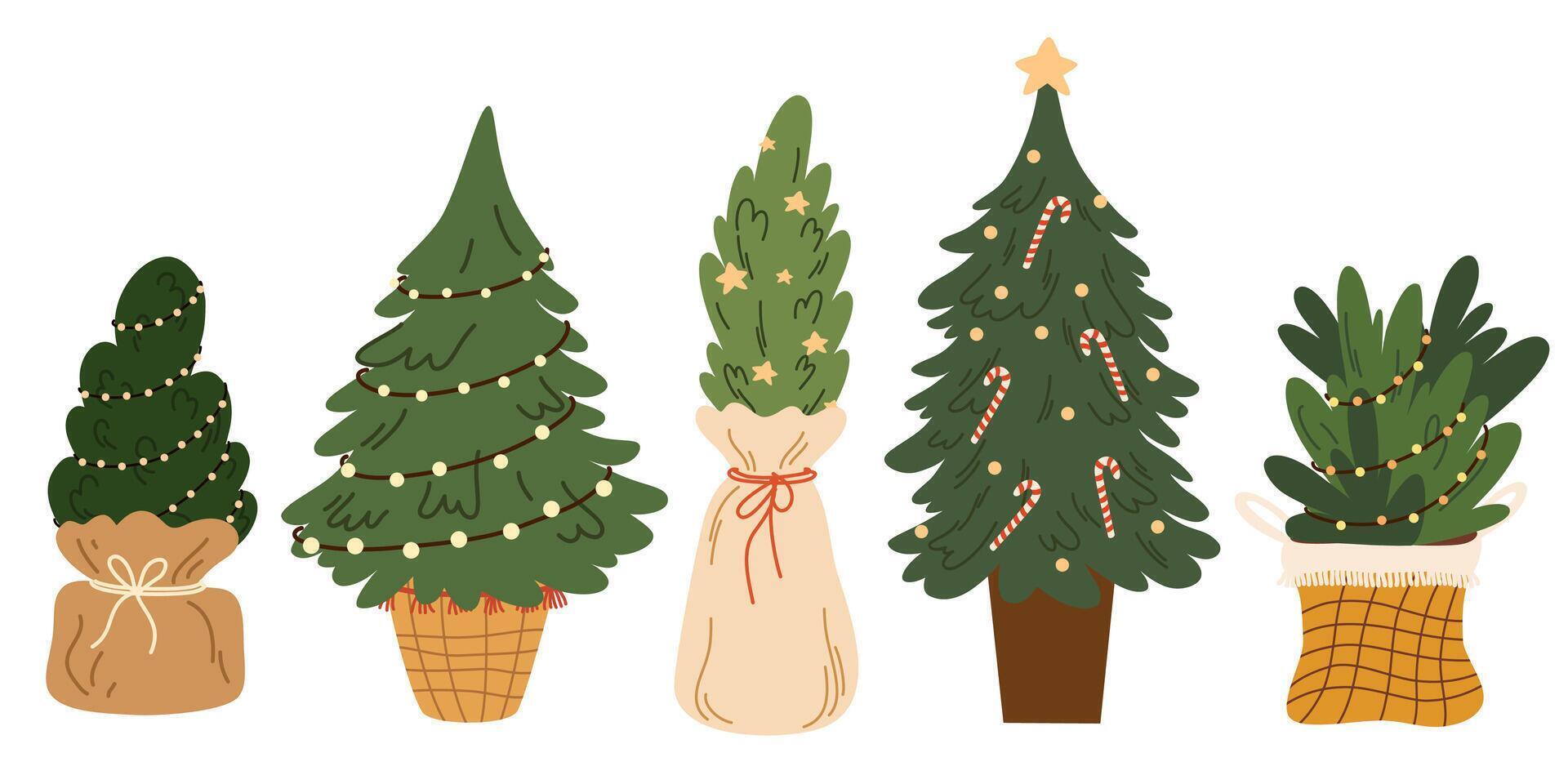 Christmas trees set. Traditional holiday firs with ornament in pot, green pine branches in craft paper, Xmas spruce with festive decoration. Flat illustrations isolated on white background vector
