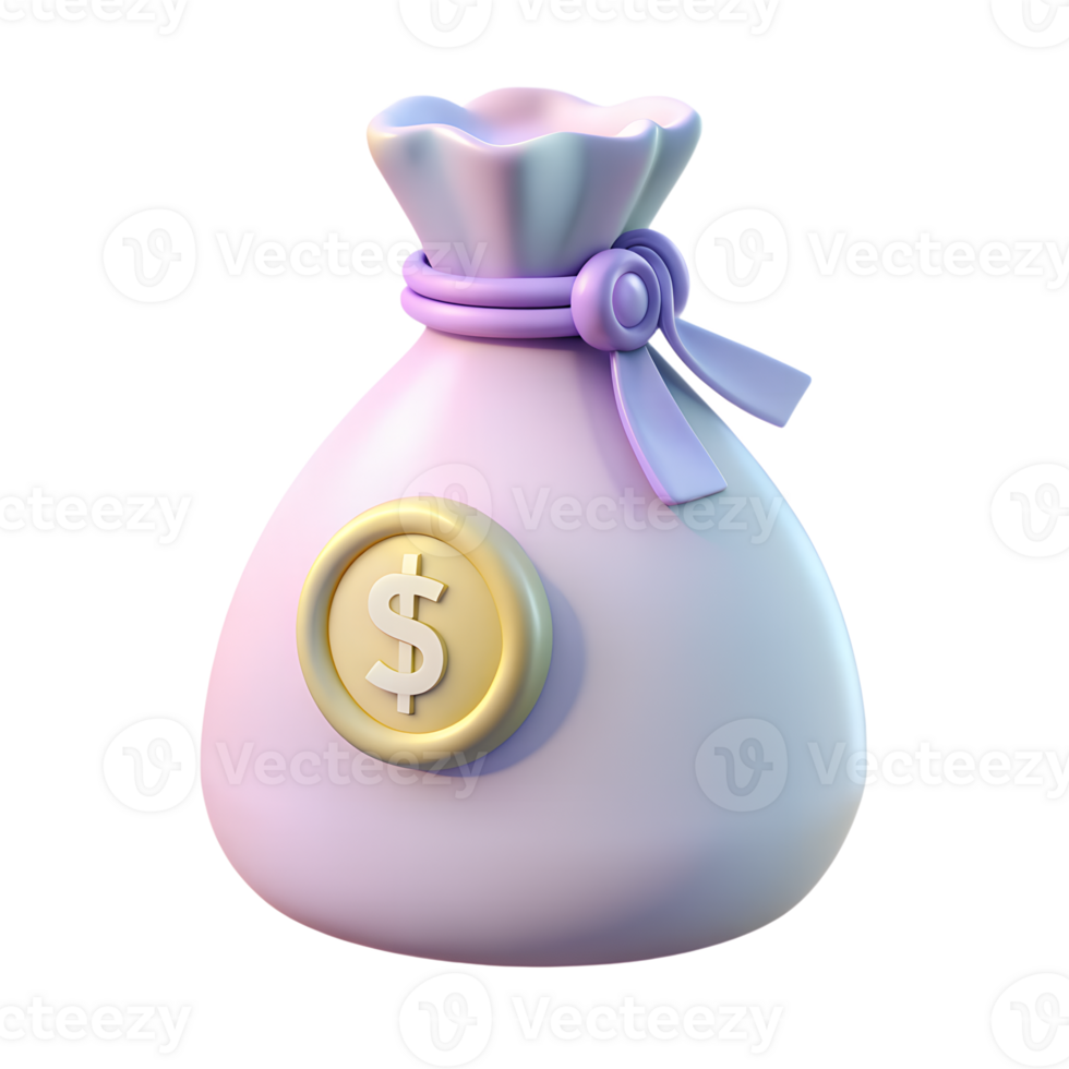 Cartoon bag with money 3d icon isolated on the transparent background. Fintech concept design png