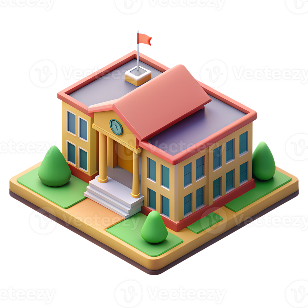 Isometric icon of 3d school building with green trees and bushes on the transparent background png