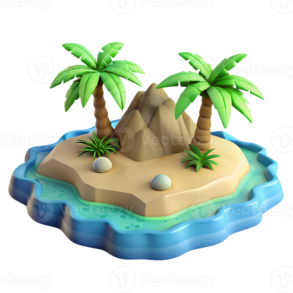 Isometric island with sandy beach and palm trees 3d icons isolated png