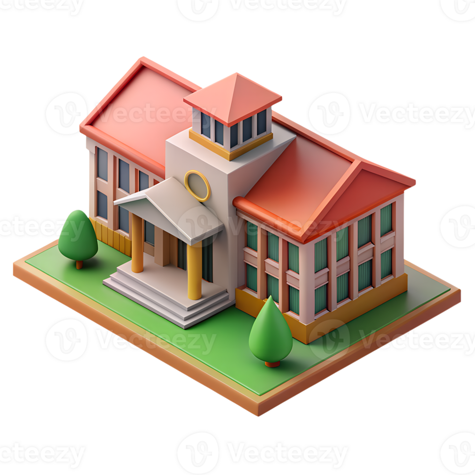 Isometric icon of 3d school building with green trees and bushes on the transparent background png