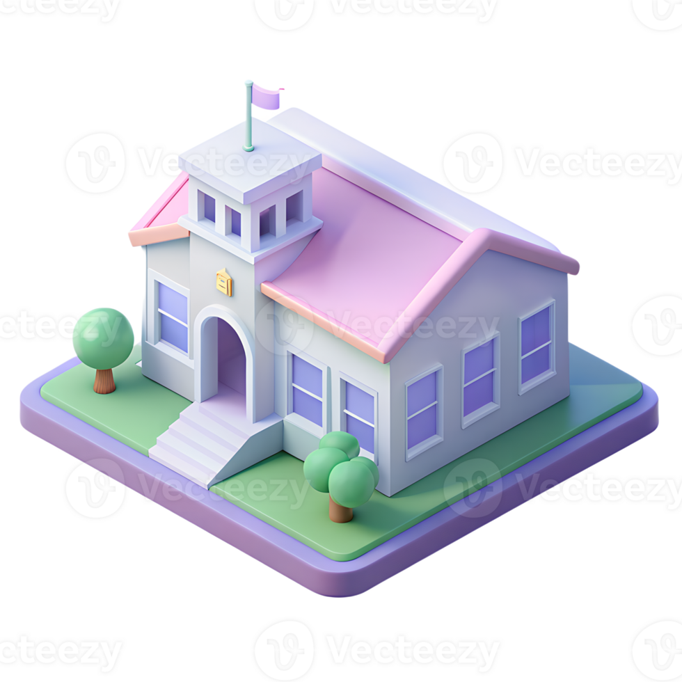 Isometric icon of 3d school building with green trees and bushes on the transparent background png