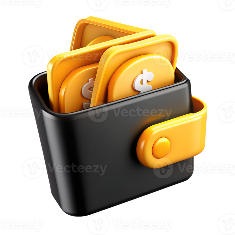 Cartoon wallet with cash 3d icon isolated on the transparent background. Fintech concept design png