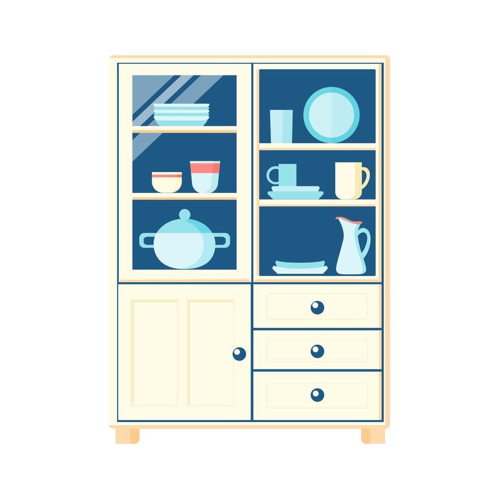 a kitchen cabinet with dishes and cups on it vector