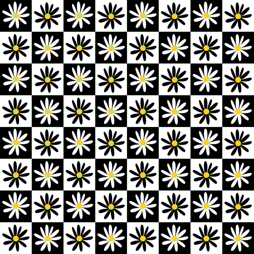 Black and white Daisy on checkerboard seamless pattern vector