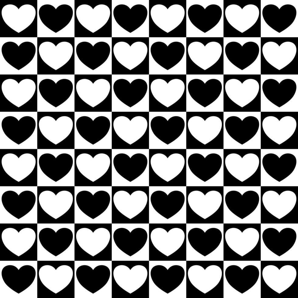 Black and white heart on checkerboard seamless pattern vector