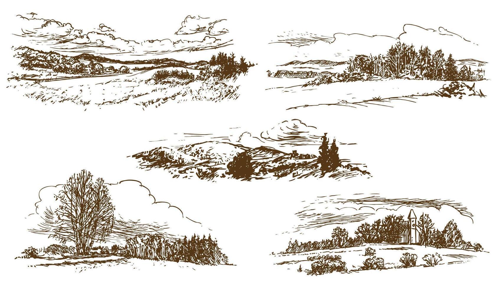 countryside landscape, set of hand-drawn illustrations, drawing on white background vector