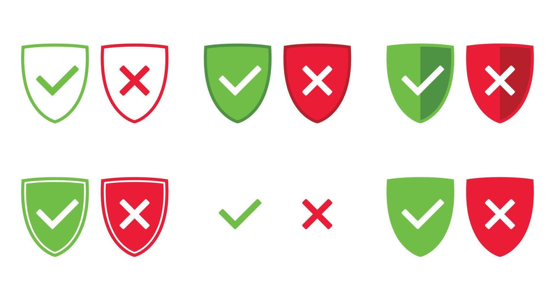 set of green and red shield with OK check mark and X cross icon symbol, illustration isolated on a white background vector