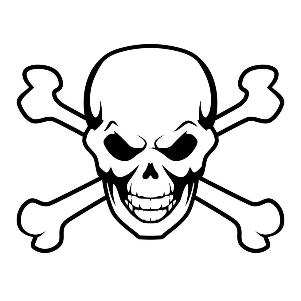 skull and crossbones, black and white tattoo illustration of human skull with crossed bones, isolated on white background vector