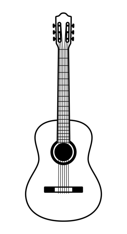 Acoustic guitar silhouette shape, black and white illustration of classical stringed musical instrument isolated on white background vector