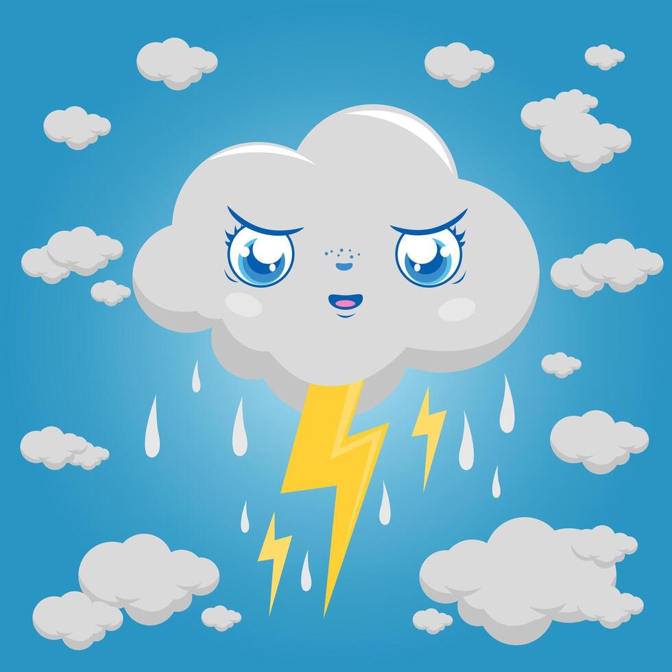 Sky with storm clouds. Stormy cloud character raining and thunder. Rainy weather sky in autumn and winter season. vector