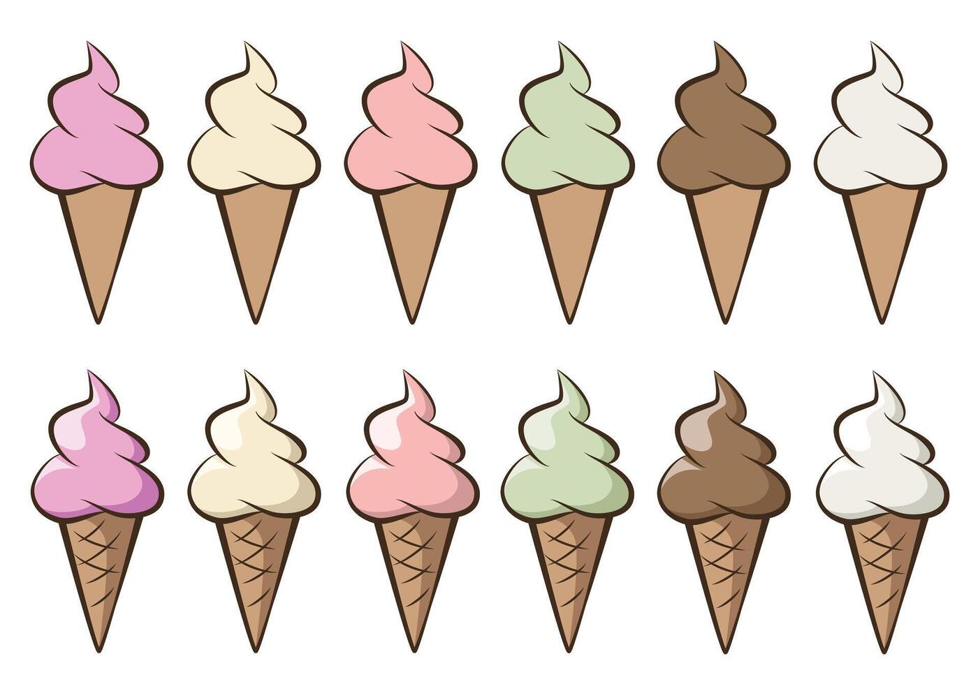 ice cream - set of soft serve ice creams with different flavours in a cone, color illustration isolated on white background vector