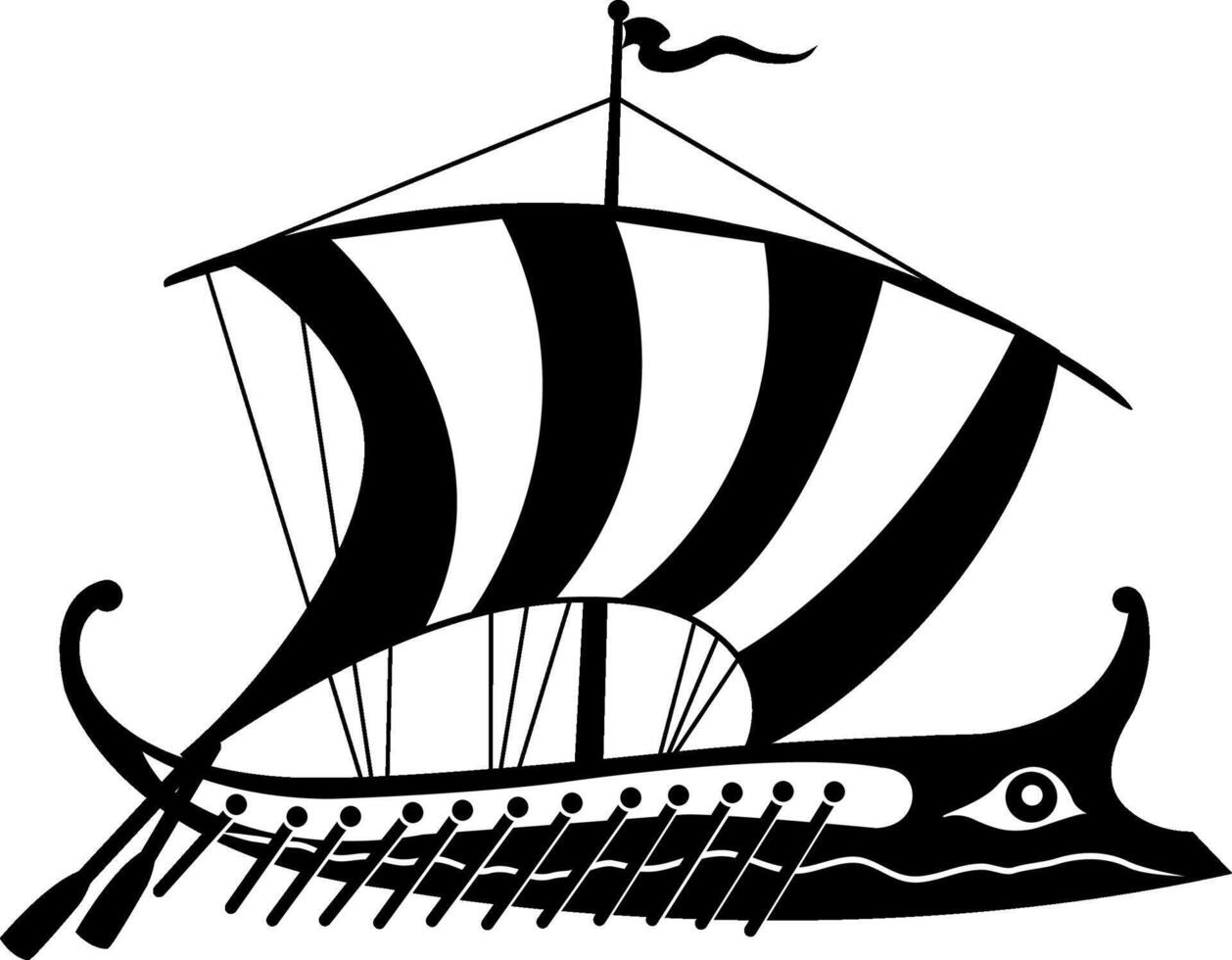 Black and white image of an ancient Greek trireme. An ancient Greek trireme ship sailing on the sea. Stylized black and white illustration of an ancient Greek ship. vector