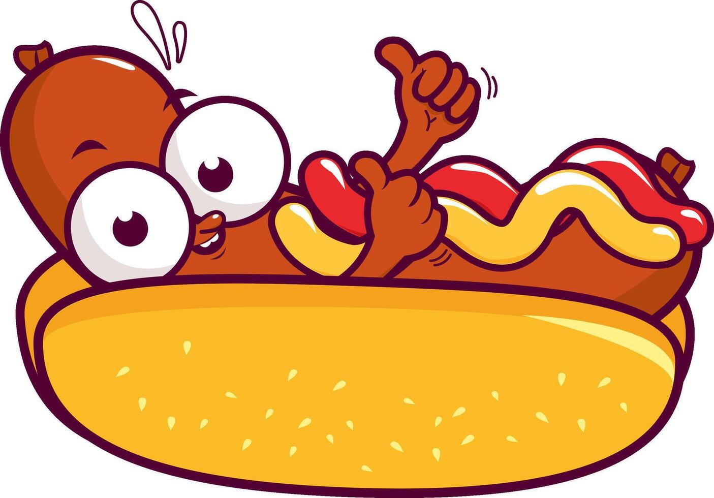 A cartoon hot dog character with mustard and ketchup. Fast food restaurant sandwich with sausage. vector