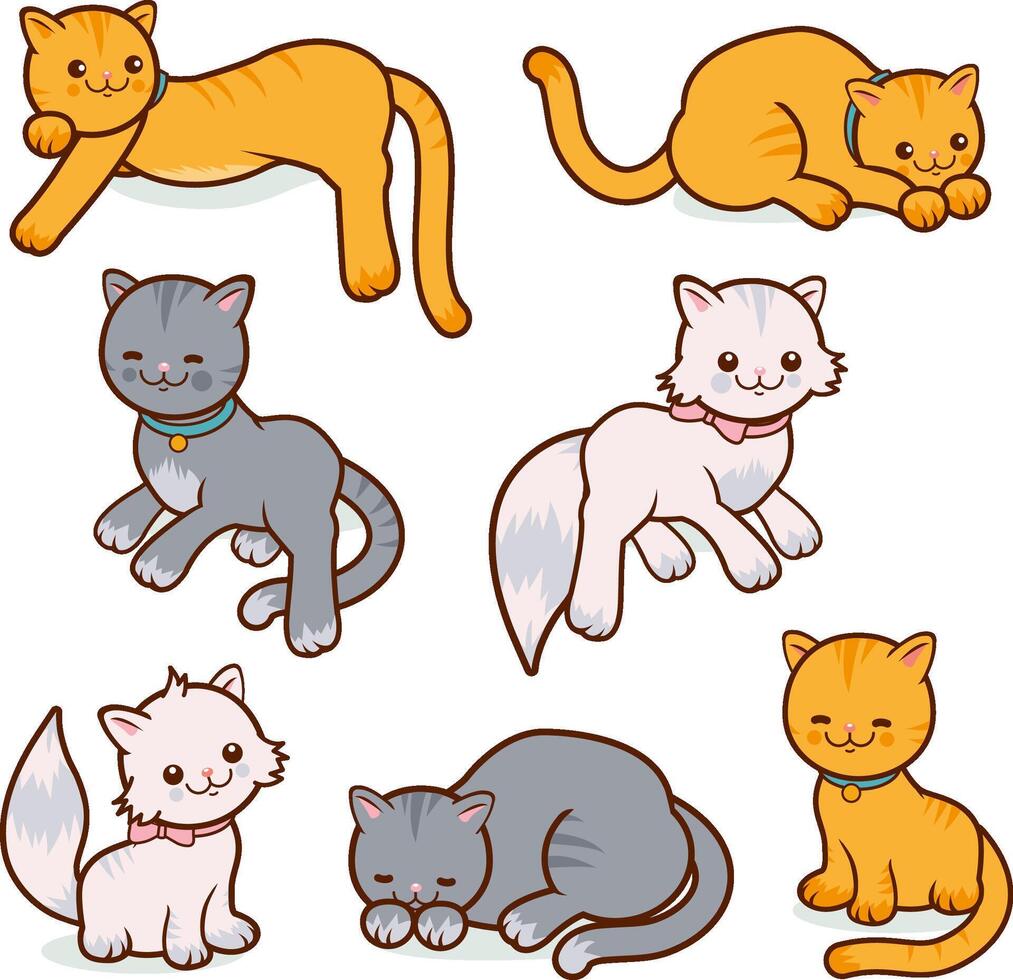 Cute cats on white background. Cute pet animals collection. Cartoon cats collection. Cute kittens. Persian, ginger, tabby cats. vector