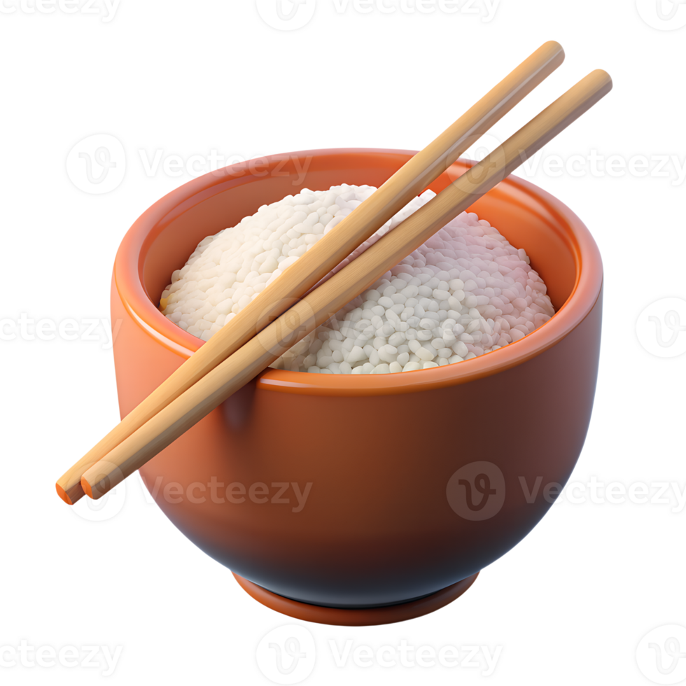 Asian rice in the bowl with traditional chopsticks 3d icon isolated on the transparent background png