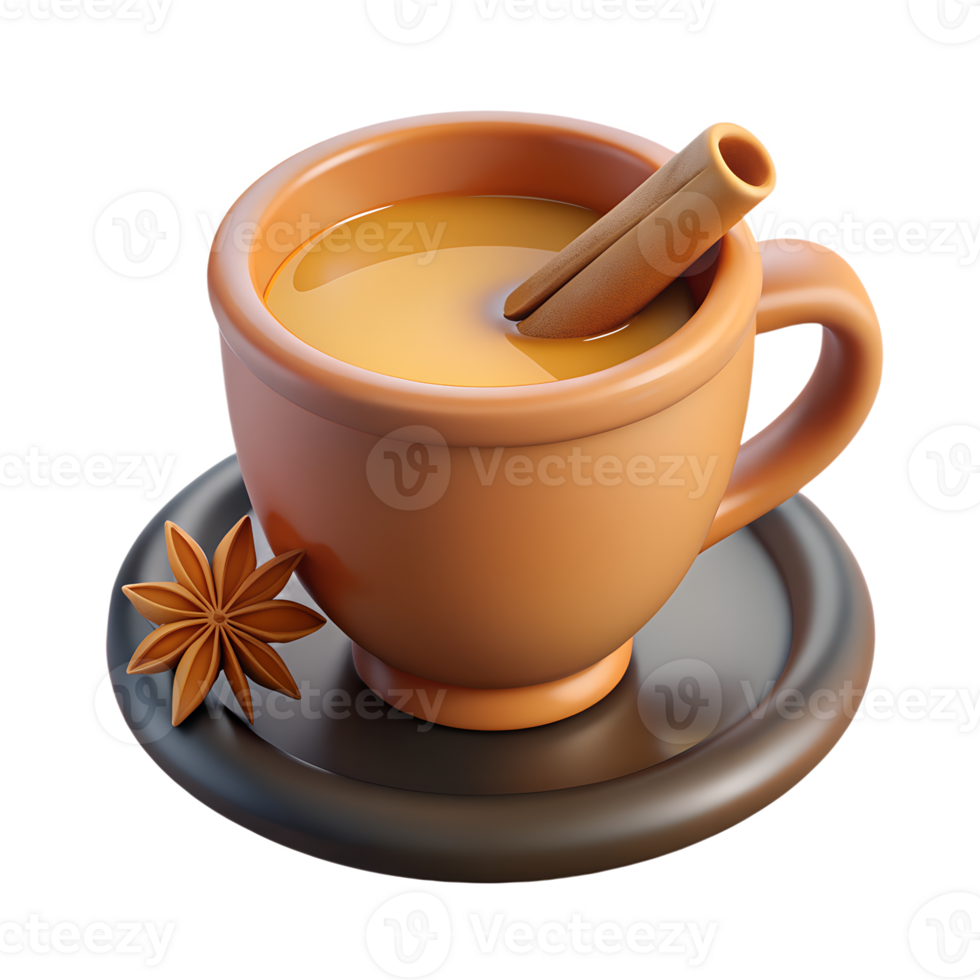 Traditional Indian masala tea with milk and cinnamon 3d icon isolated on the transparent background png
