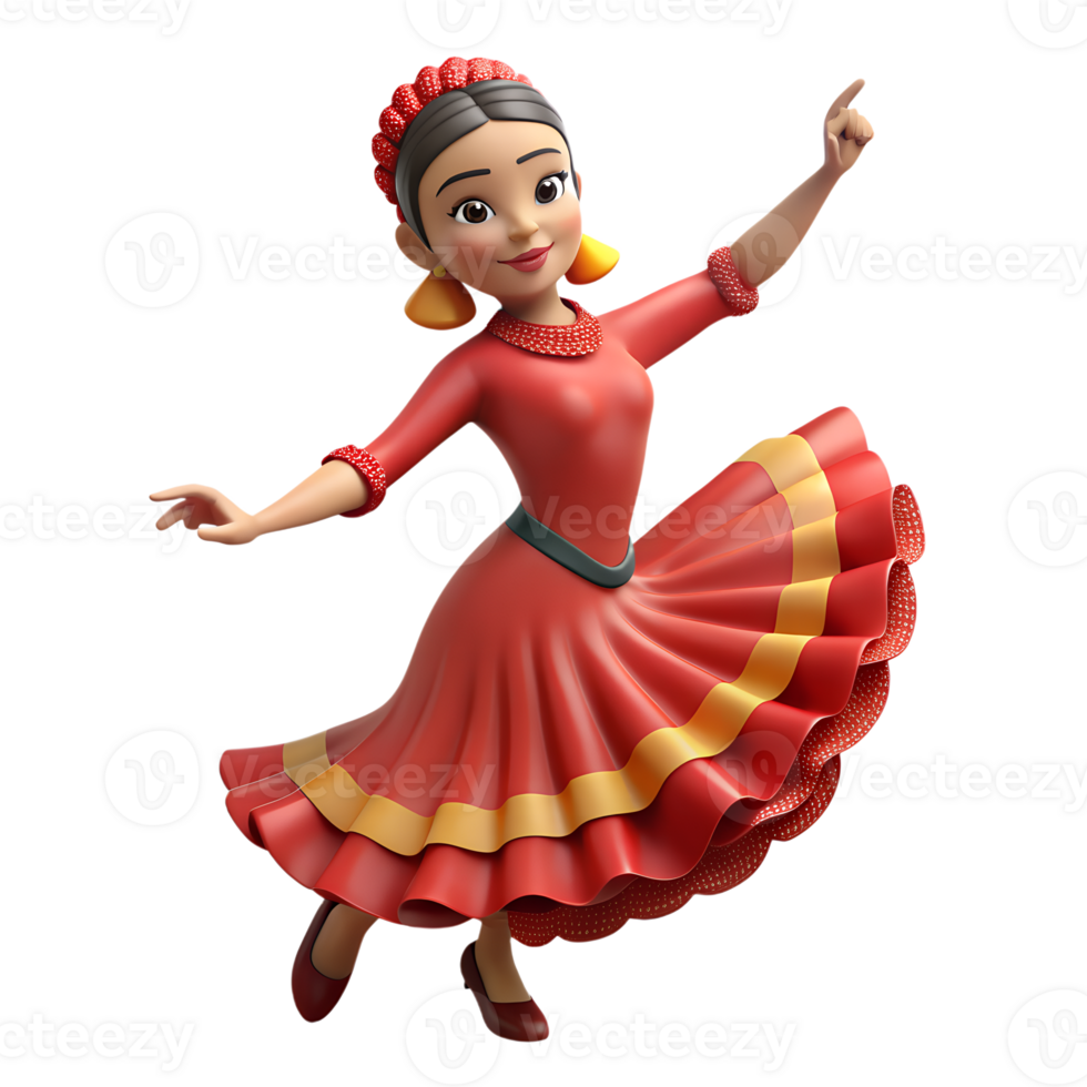 Spanish girl in a traditional dress dances flamenco 3d icon isolated on the transparent background png