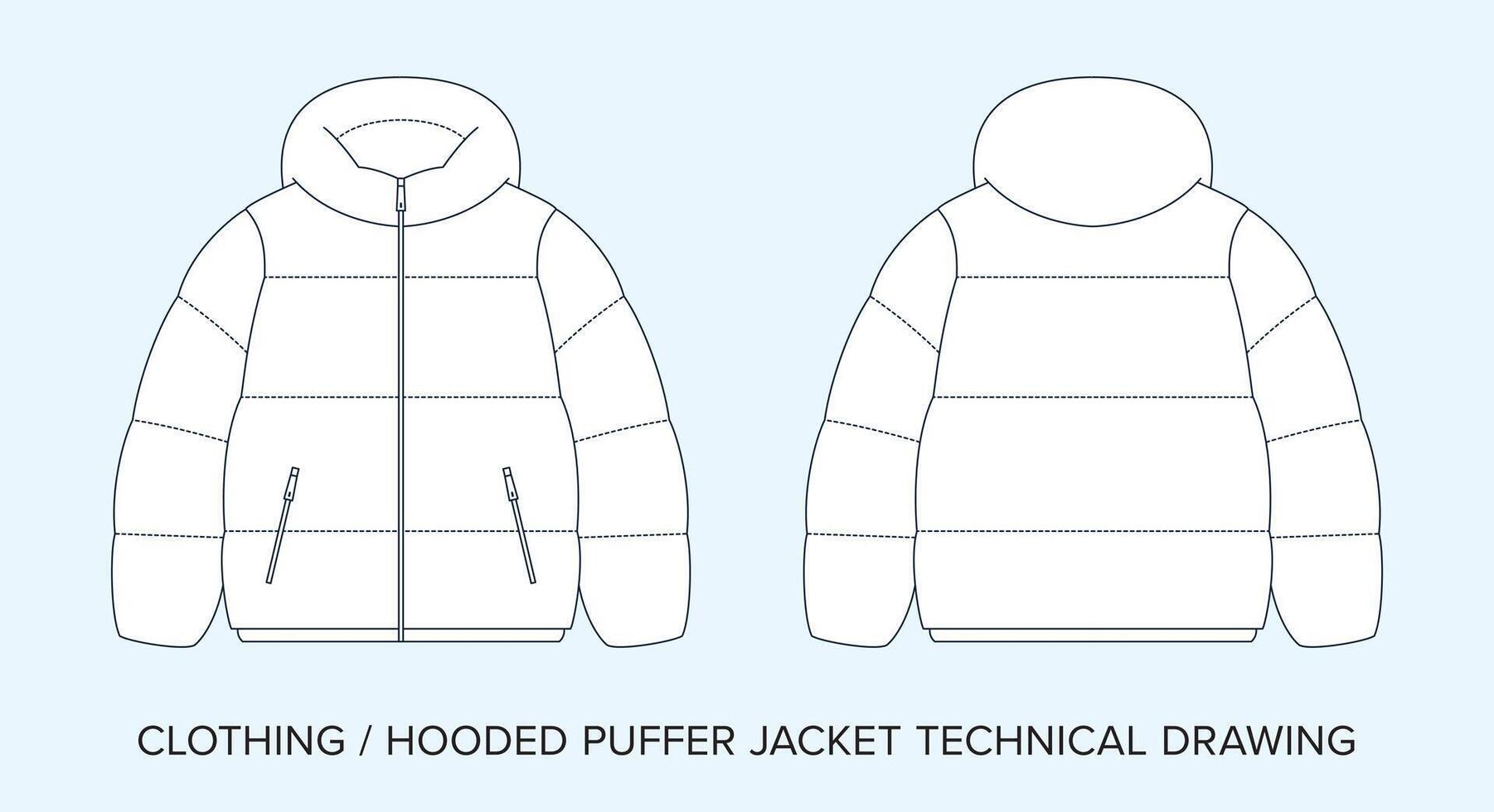 Hooded Puffer Jacket, Technical Drawing, Apparel Blueprint for Fashion Designers vector